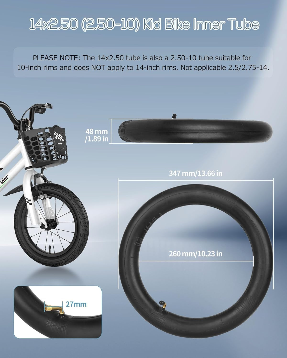 14X2.50 Inner Tube with Bent Valve for Ebike, 14 Inch Tire Inner Tube Butyl Rubber Thickened for Electric Bike Accessories, for 10 Inch Rim